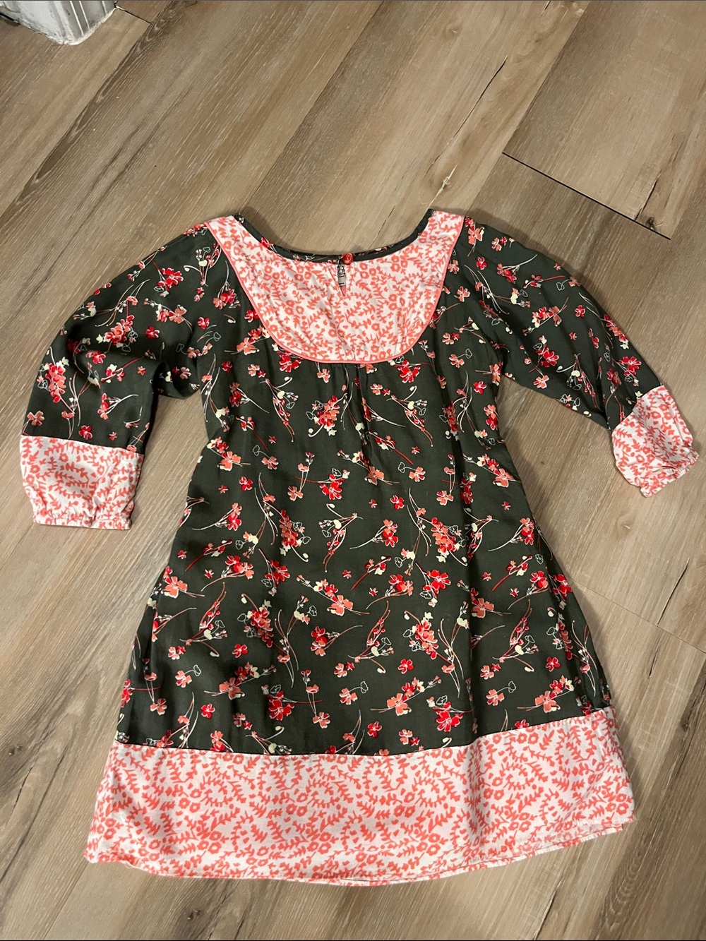 Lucky Brand Girls Floral Contrast Yoke Dress - Dark Green and Pink